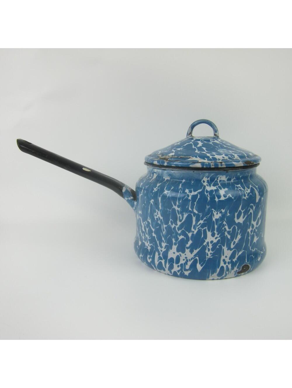 Antique Graniteware Enamelware Pot Blue & White Swirl with Lid Preserving Kettle - Picture 4 of 10